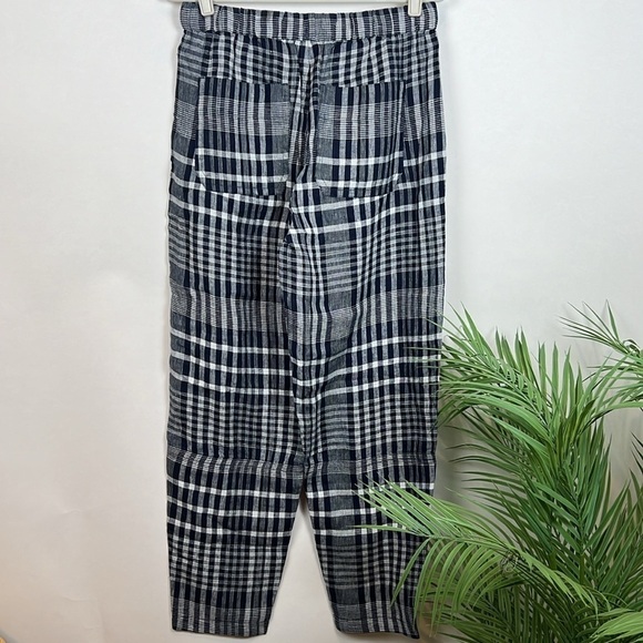 NWT Everlane The Linen Pull On Barrel Pants Navy Plaid Tie Front M High Waist - Picture 7 of 12